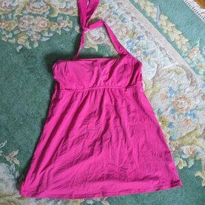LANDS' END Women Sz 12P Petite Tankini Top Hot Pink Swim Halter Tunic Underwire